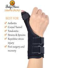 Load image into Gallery viewer, BodyMoves Thumb Splint Wrist Brace Plus Finger Hot and Cold Gel Pack- for de quervain's tenosynovitis, Tendonitis, Trigger Thumb spica,Carpal Tunnel, CMC Adjustable and Reversible(Left and Right Hand) - BodyMovesPro