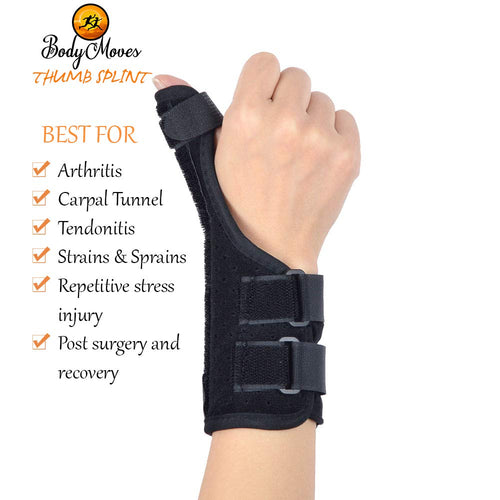 BodyMoves Thumb Splint Wrist Brace Plus Finger Hot and Cold Gel Pack- for de quervain's tenosynovitis, Tendonitis, Trigger Thumb spica,Carpal Tunnel, CMC Adjustable and Reversible(Left and Right Hand) - BodyMovesPro