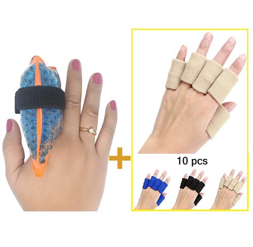 BodyMoves Finger Hot and Cold Ice Pack Plus Adult Finger Brace Splint Sleeve Thumb Support Protector Cushion Pressure Safe Elastic Breathable Stabilizers (Desert Sand) - BodyMovesPro