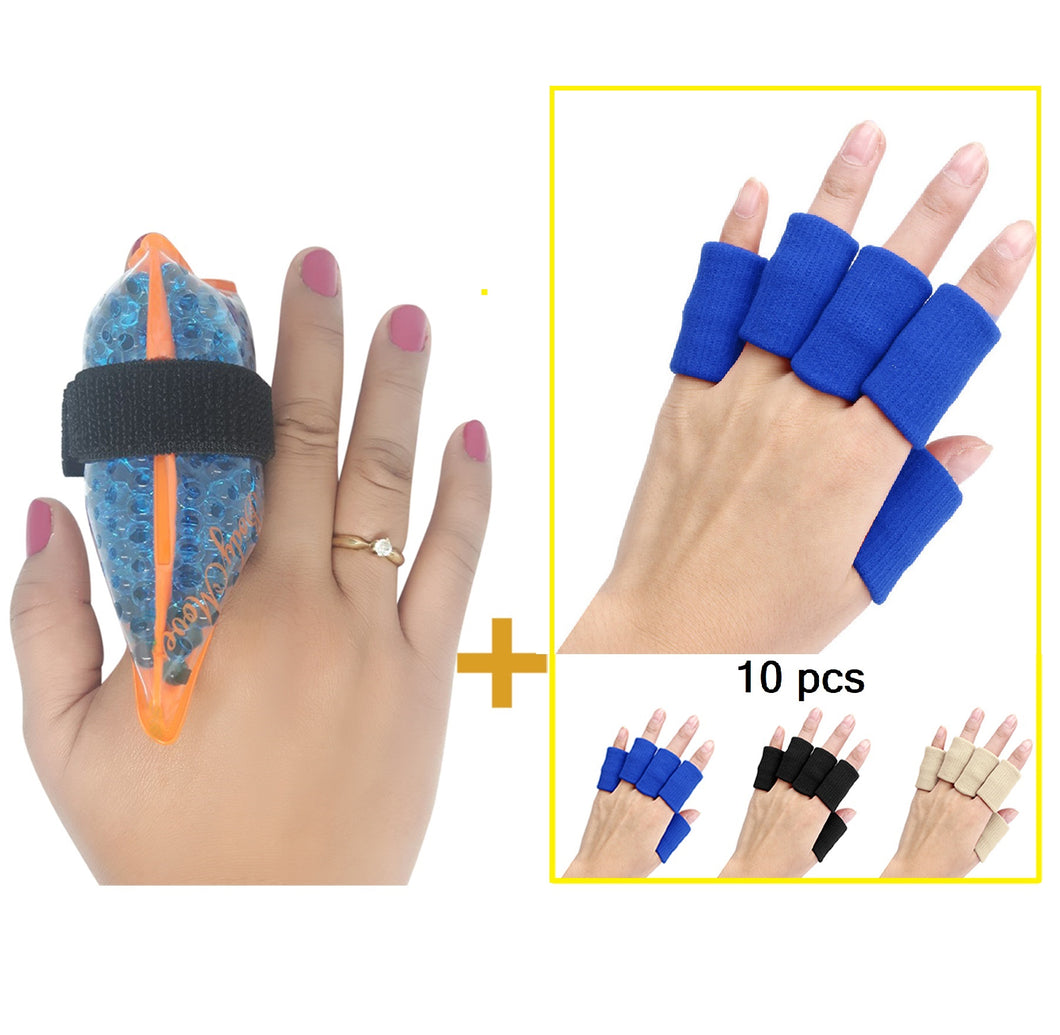 Finger Hot and Cold Ice Pack Plus 10 Adult Finger Brace Splint Sleeves